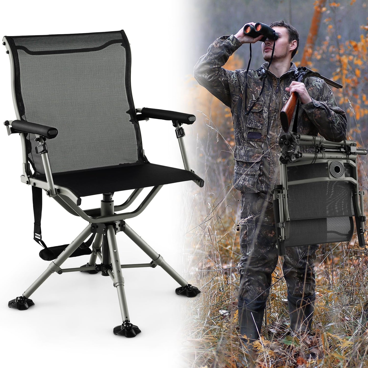 GYMAX Hunting Chair, 360 Degree Swivel Folding Hunting Seat with Carrying Handle & Duck Feet