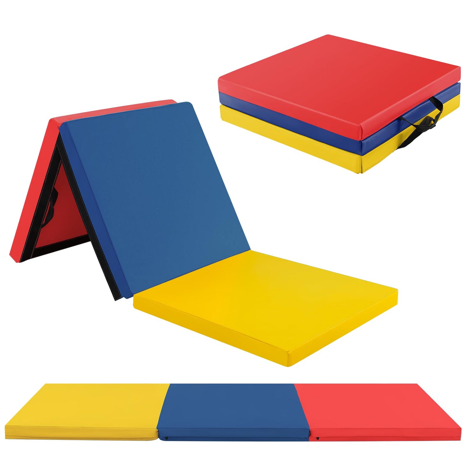 GYMAX Folding Gymnastics Mat, 6 FT x 2 FT x 2 Inches Exercise Mat w/Carrying Handles, Waterproof PU Leather, Hook & Loop Fasteners