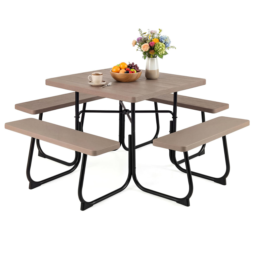 GYMAX Picnic Table Bench with Umbrella Hole 8 Person Square Outdoor Picnic Table