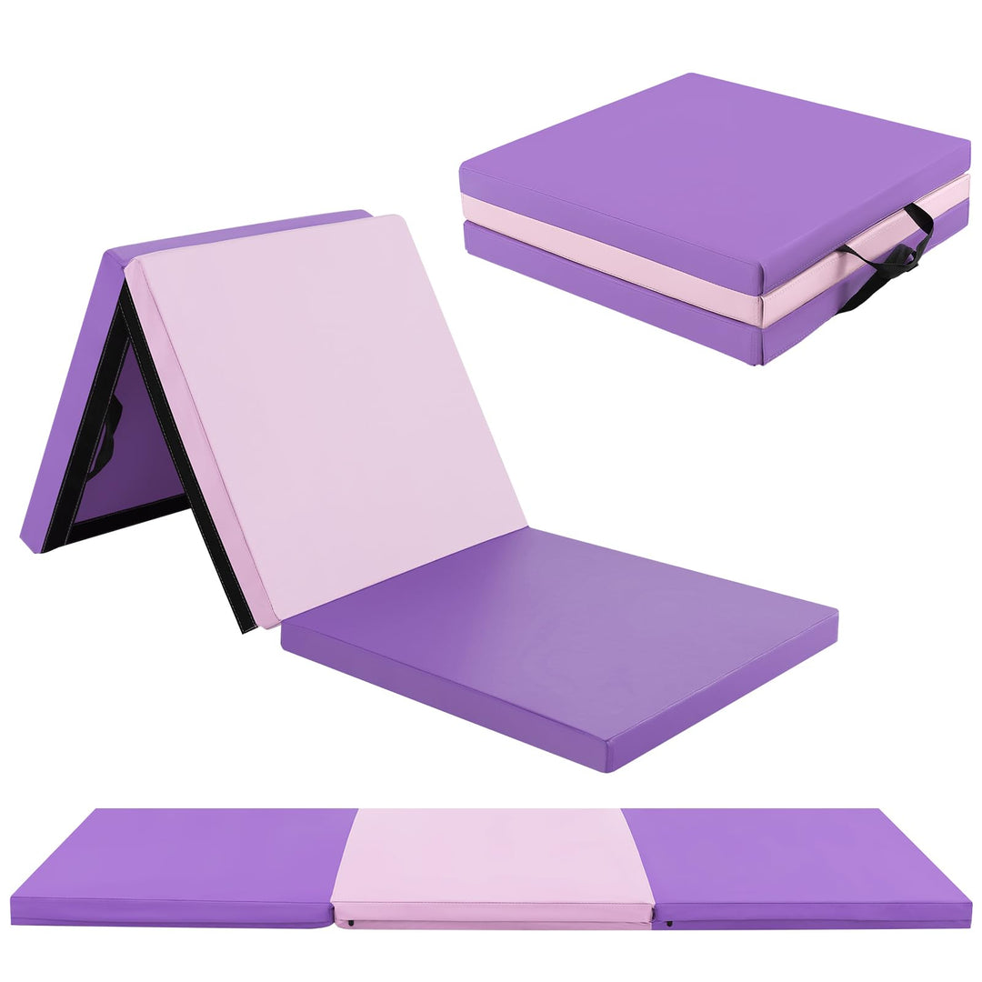 GYMAX Folding Gymnastics Mat, 6 FT x 2 FT x 2 Inches Exercise Mat w/Carrying Handles, Waterproof PU Leather, Hook & Loop Fasteners