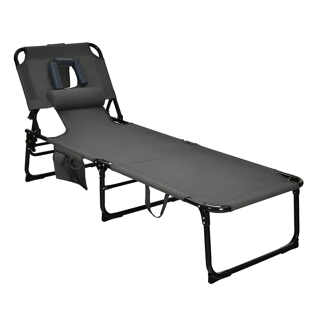 GYMAX Tanning Chair, Folding Beach Lounger with Face Arm Hole, Adjustable Backrest, Side Pocket & Carry Handle