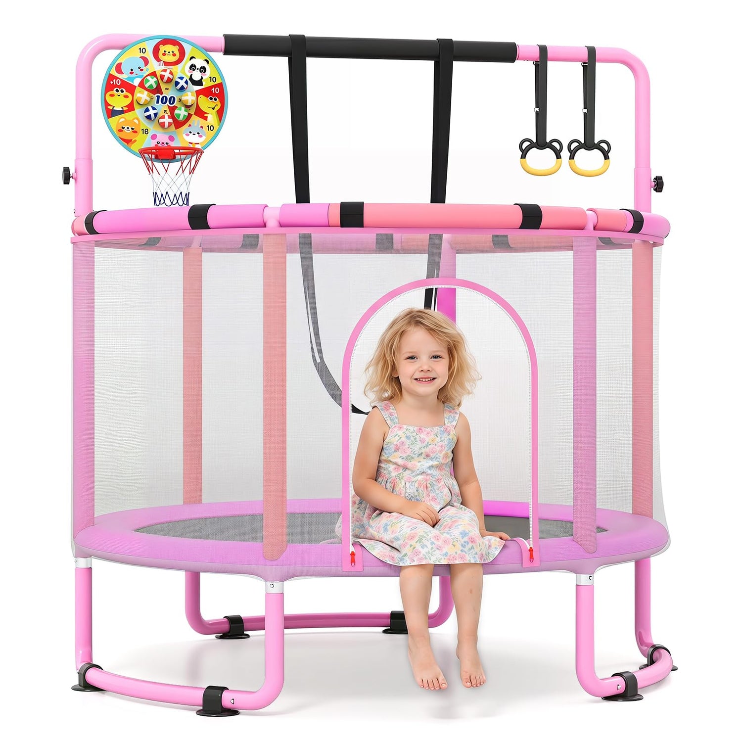 GYMAX Toddler Trampoline with Enclosure 6 in 1 Kids Trampoline(55/60 Inch)