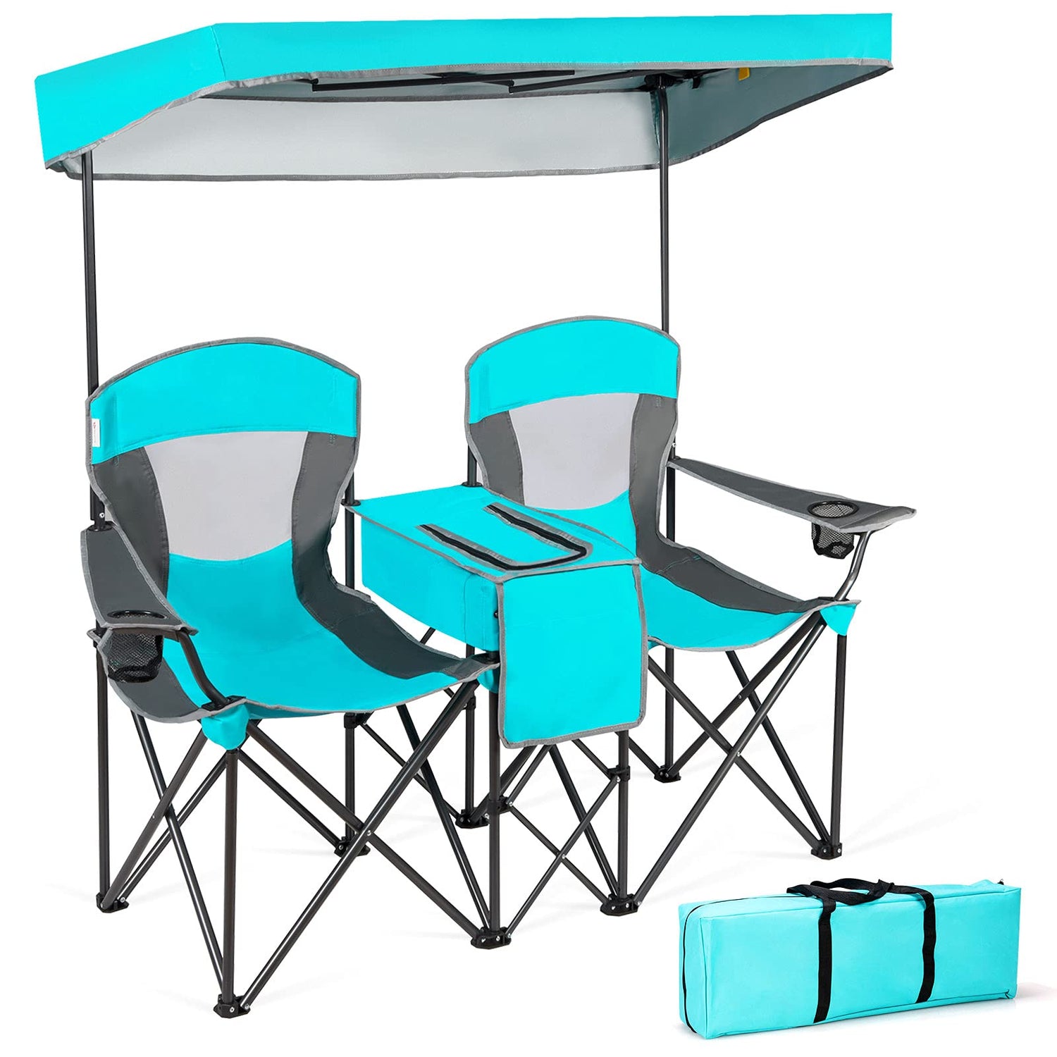 GYMAX Double Camping Chair, Beach Chair with Canopy Shade, Adjustable UV Protection, Cooler, Cup Holder & Carry Bag