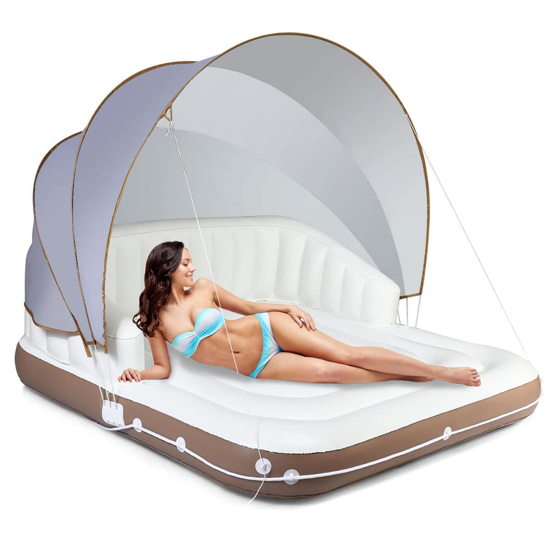 GYMAX Canopy Floating Island, 2-3 Person 441lbs Inflatable Lake Floats with UPF50 Retractable Sunshade