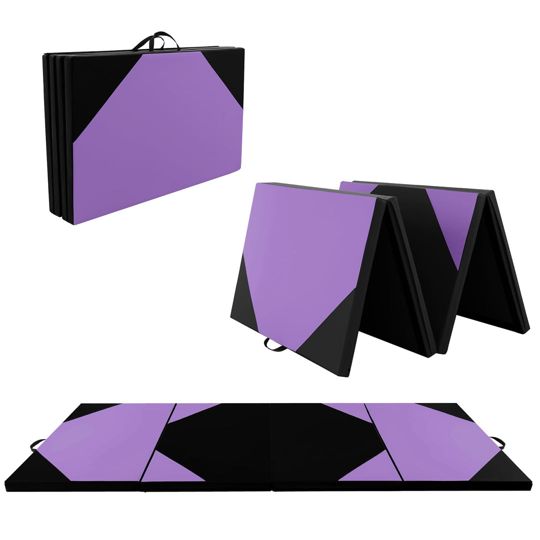 GYMAX Gymnastics Mat, 4 FT x 10 FT x 2 Inches Folding Exercise Mat w/Carrying Handles, Hook & Loop Fasteners