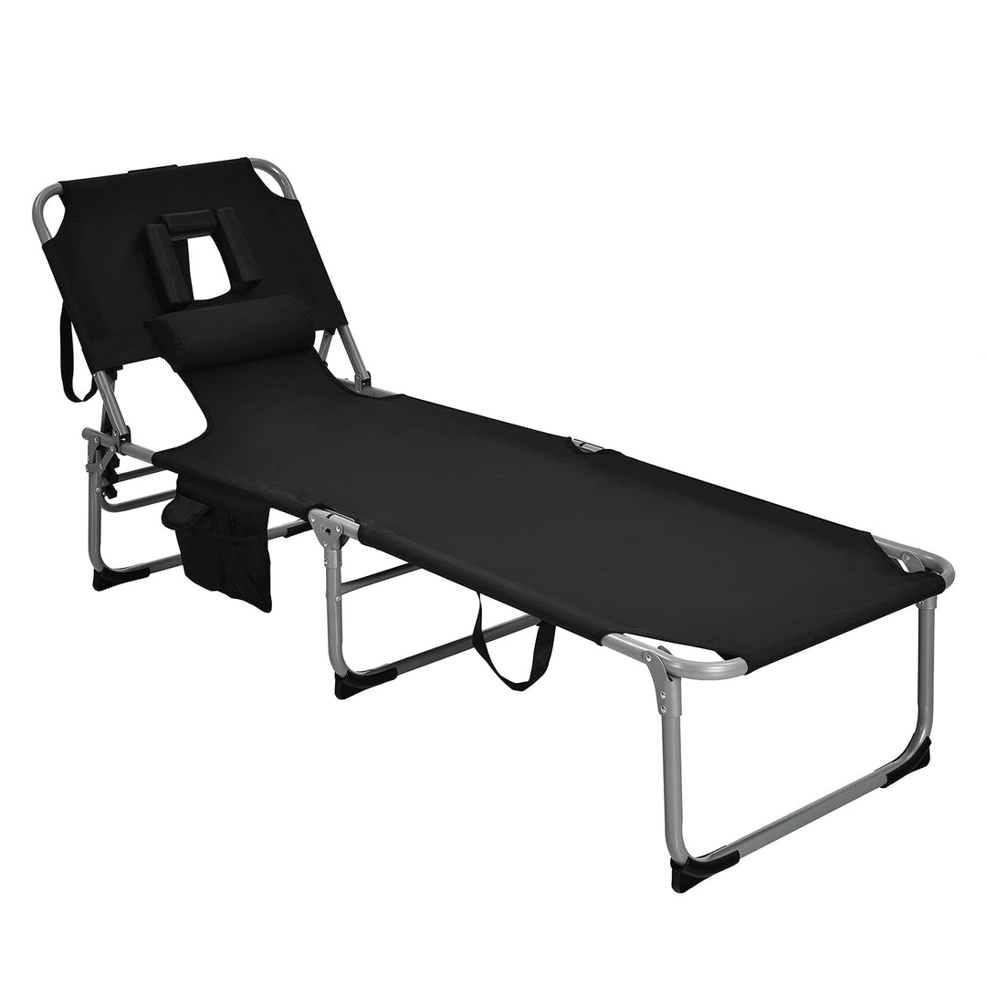 GYMAX Tanning Chair, Folding Beach Lounger with Face Arm Hole, Adjustable Backrest, Side Pocket & Carry Handle