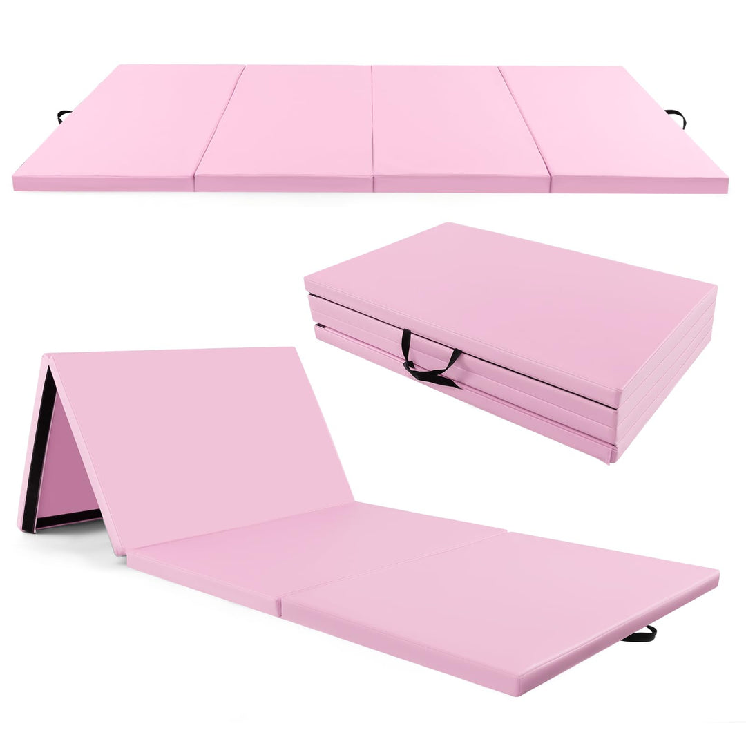 GYMAX Gymnastics Mat, 4 FT x 10 FT x 2 Inches Folding Exercise Mat w/Carrying Handles, Hook & Loop Fasteners