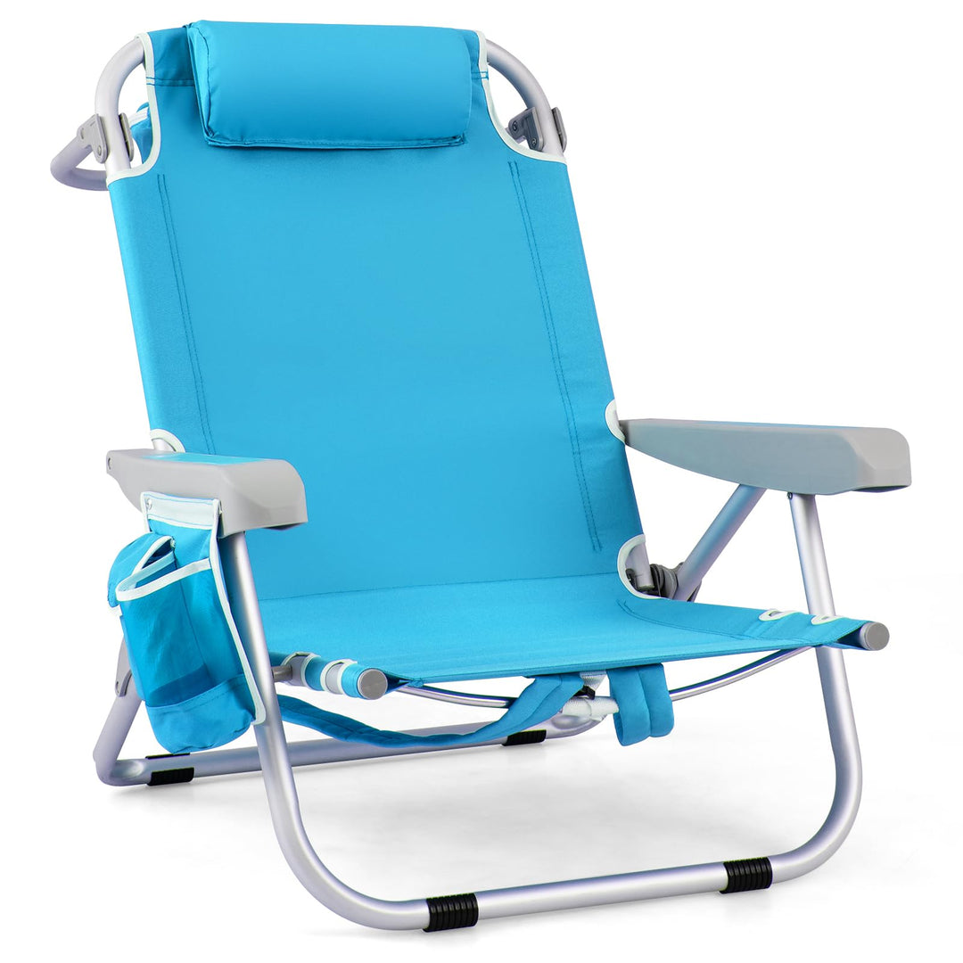 GYMAX Beach Chair, 330lbs Backpack Lounger with 5-Position Backrest, Storage Bag, Side Pocket