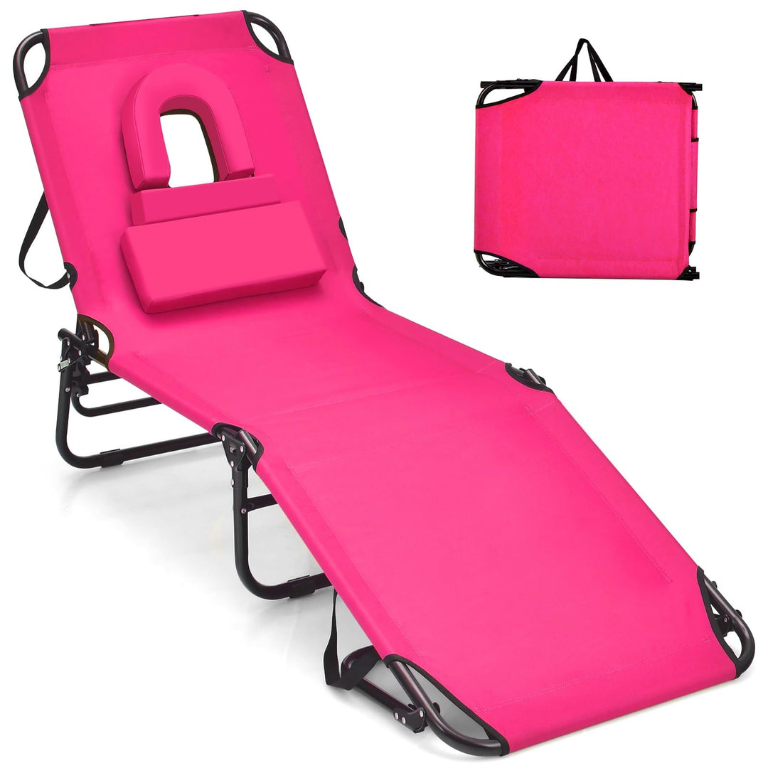 GYMAX Tanning Chair, 350lbs Beach Lounge Chair with Face Hole, Washable Pillow & Carry Strap