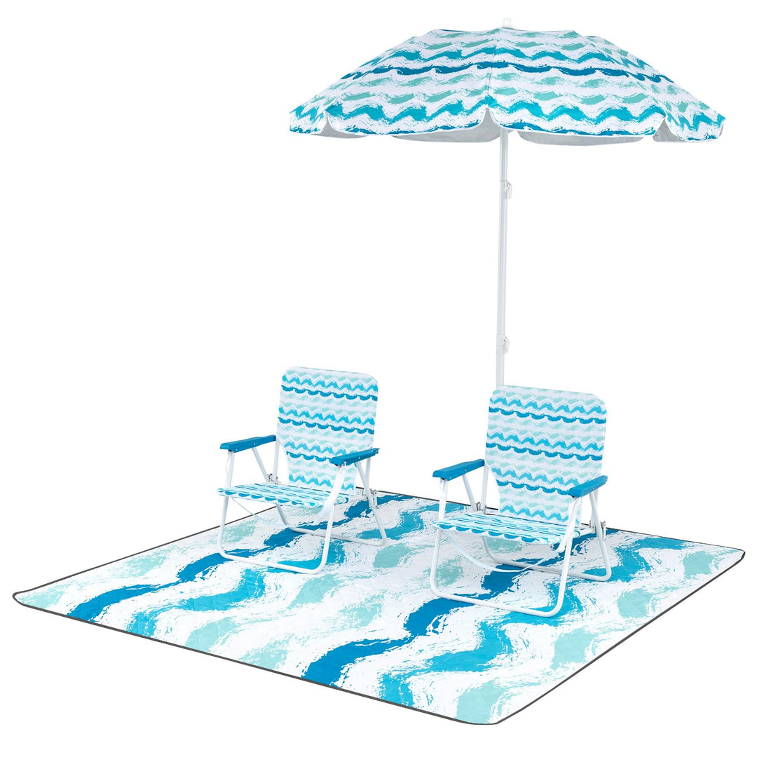 GYMAX Beach Chair with Umbrella Set of 4 Including 2 Folding Chairs Blanket