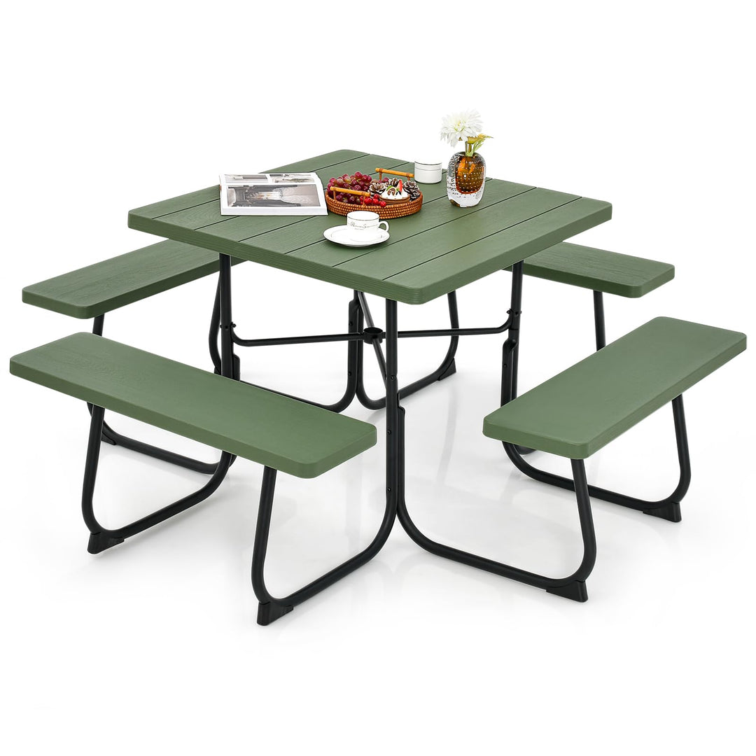 GYMAX Picnic Table Bench with Umbrella Hole 8 Person Square Outdoor Picnic Table