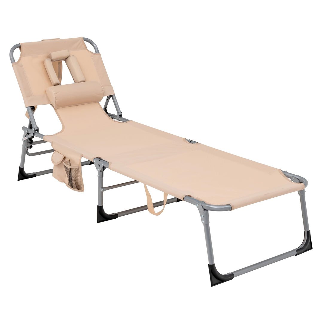 GYMAX Tanning Chair, Folding Beach Lounger with Face Arm Hole, Adjustable Backrest, Side Pocket & Carry Handle