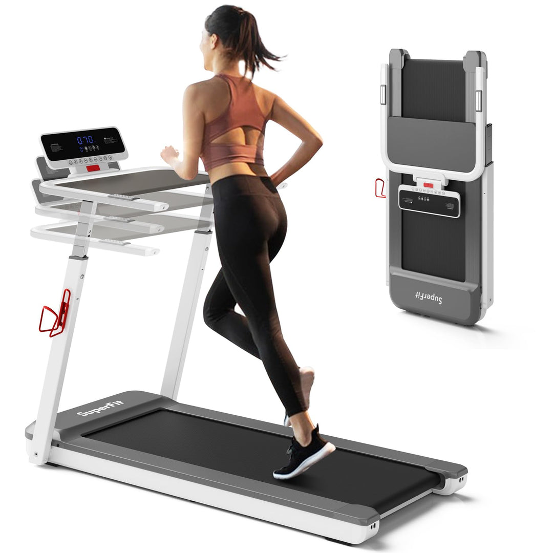 GYMAX  3HP Folding Desk Treadmill with Height Adjustable Desktop