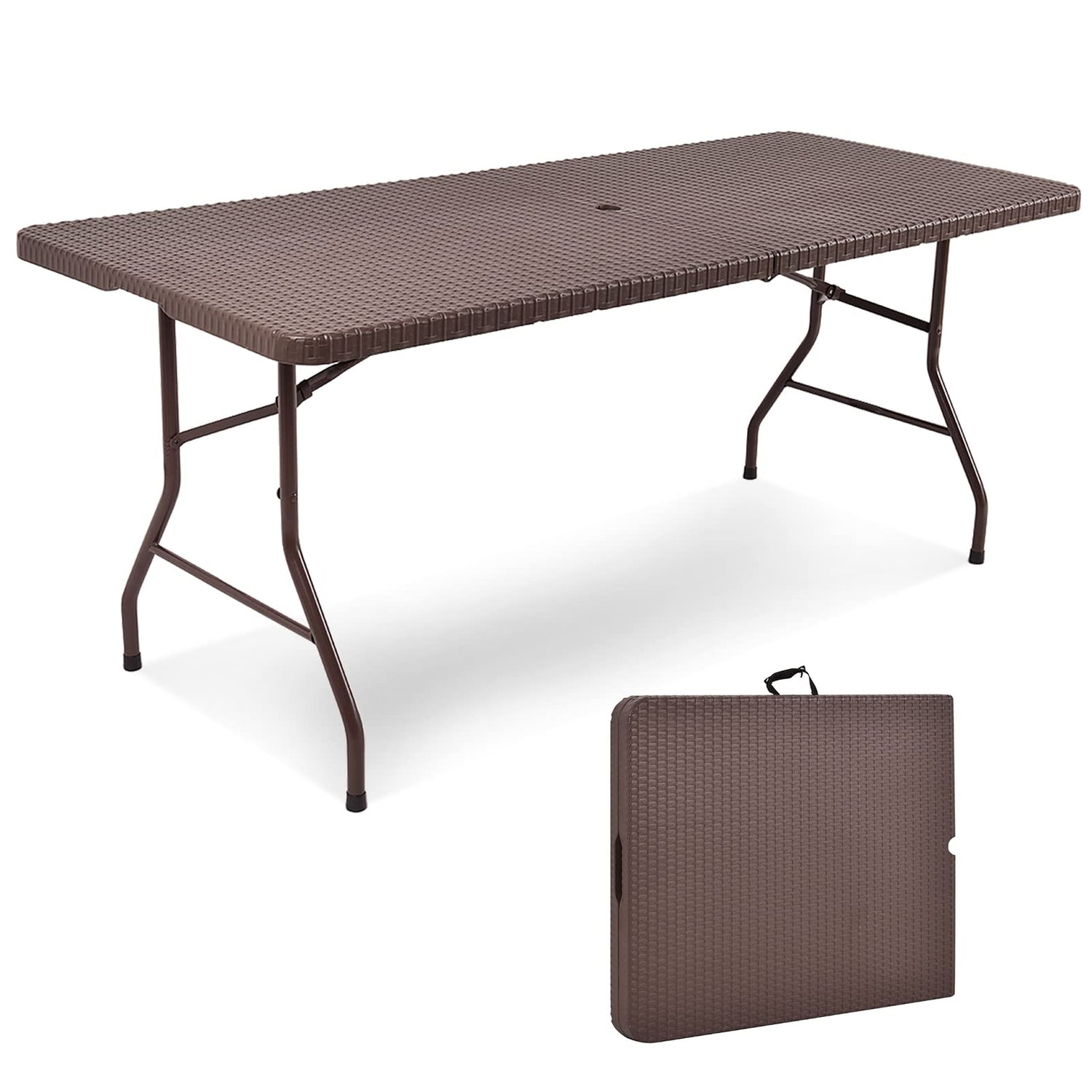 GYMAX 6FT Folding Table, Portable Lightweight Camping Table with Carry Handle (Rattan Tabletop with Umbrella Hole)