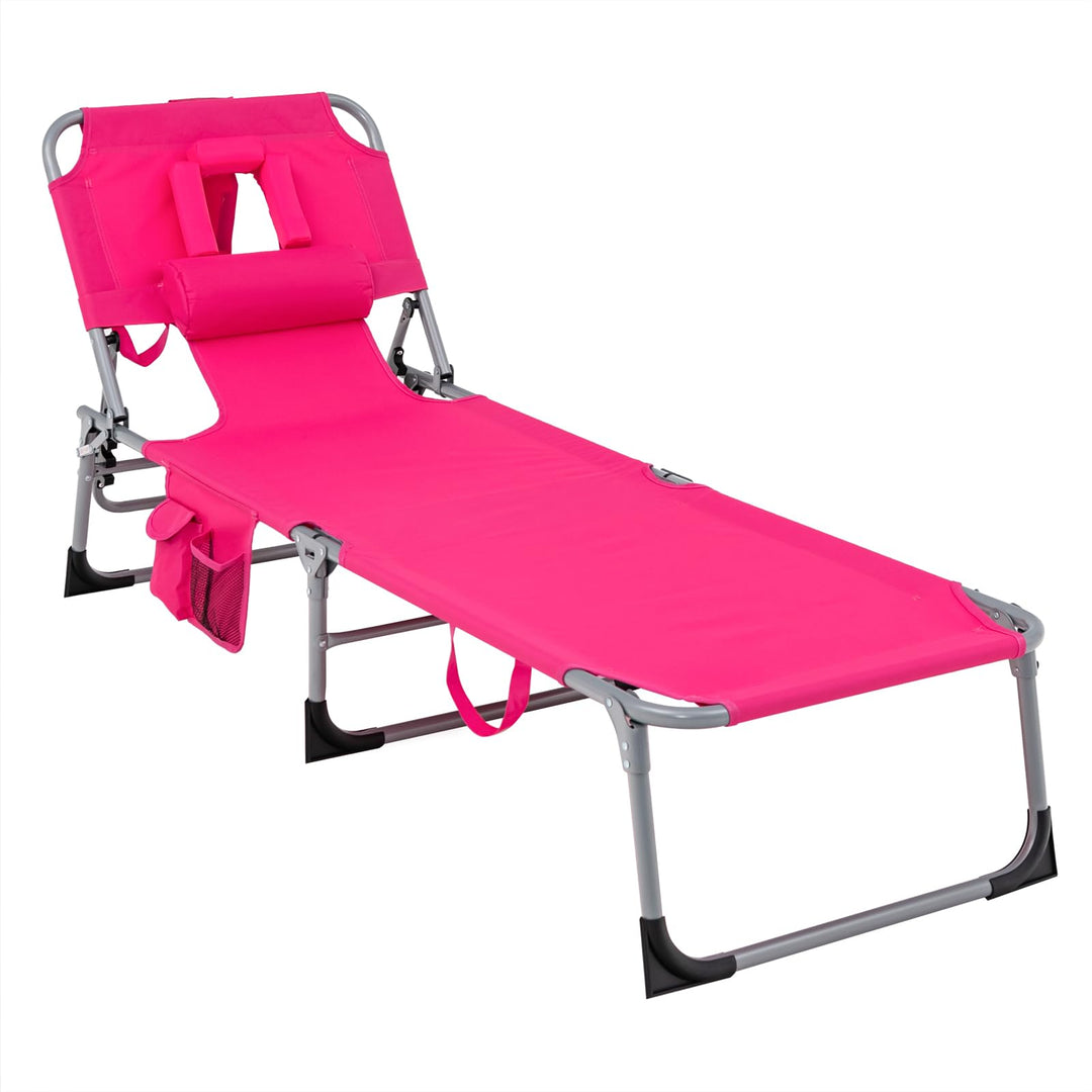 GYMAX Tanning Chair, Folding Beach Lounger with Face Arm Hole, Adjustable Backrest, Side Pocket & Carry Handle