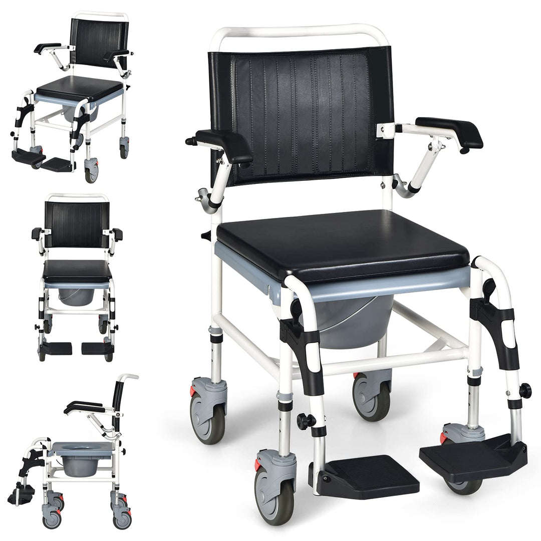 GYMAX 4 in1 Bedside Commode Chair, Shower Chair with Lockable Wheels