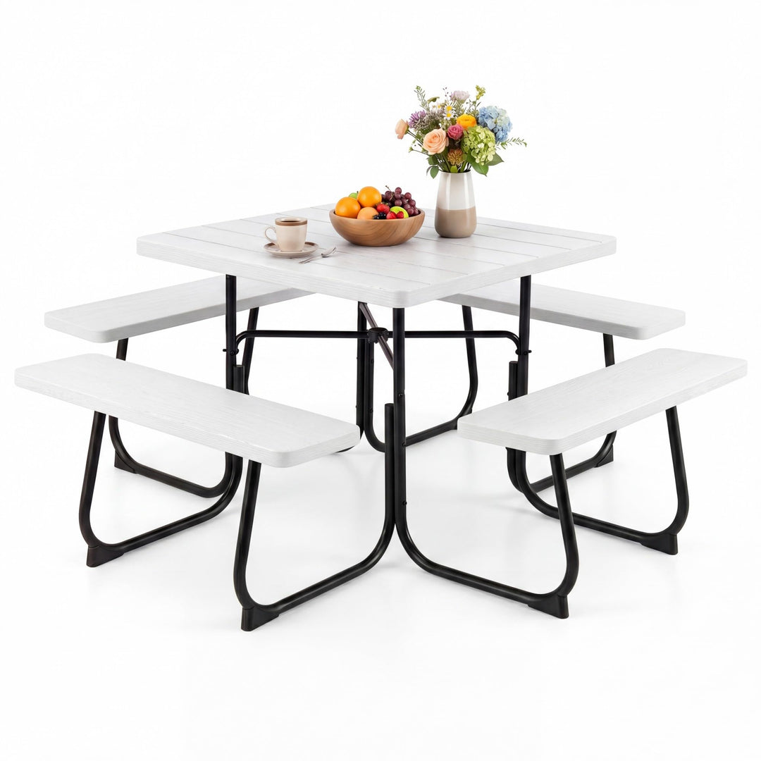 GYMAX Picnic Table Bench with Umbrella Hole 8 Person Square Outdoor Picnic Table