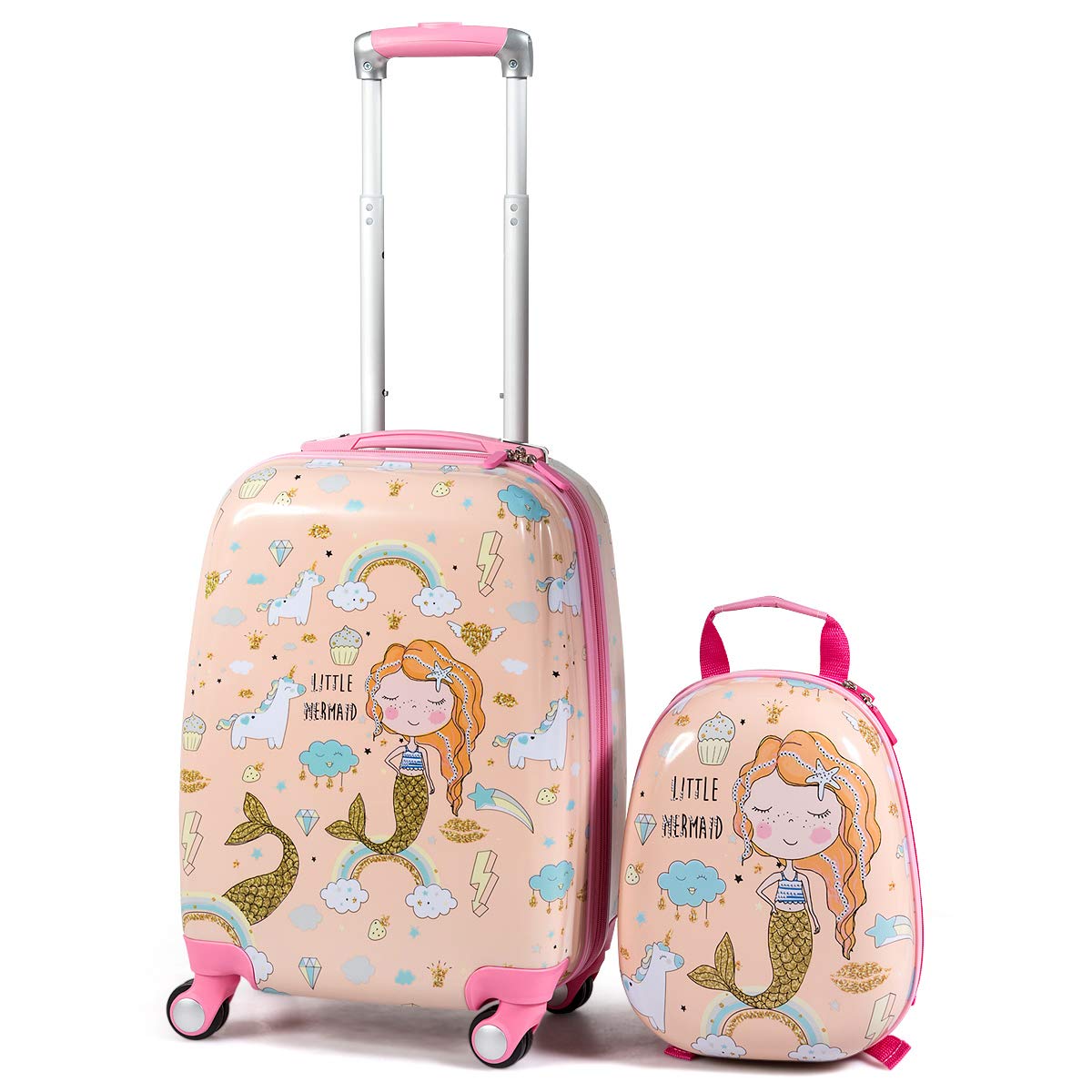 GYMAX 2Pc Kid Carry On Luggage Set, 12" & 18" Kids Suitcase with 4 Spinner Wheels, Travel Rolling Trolley