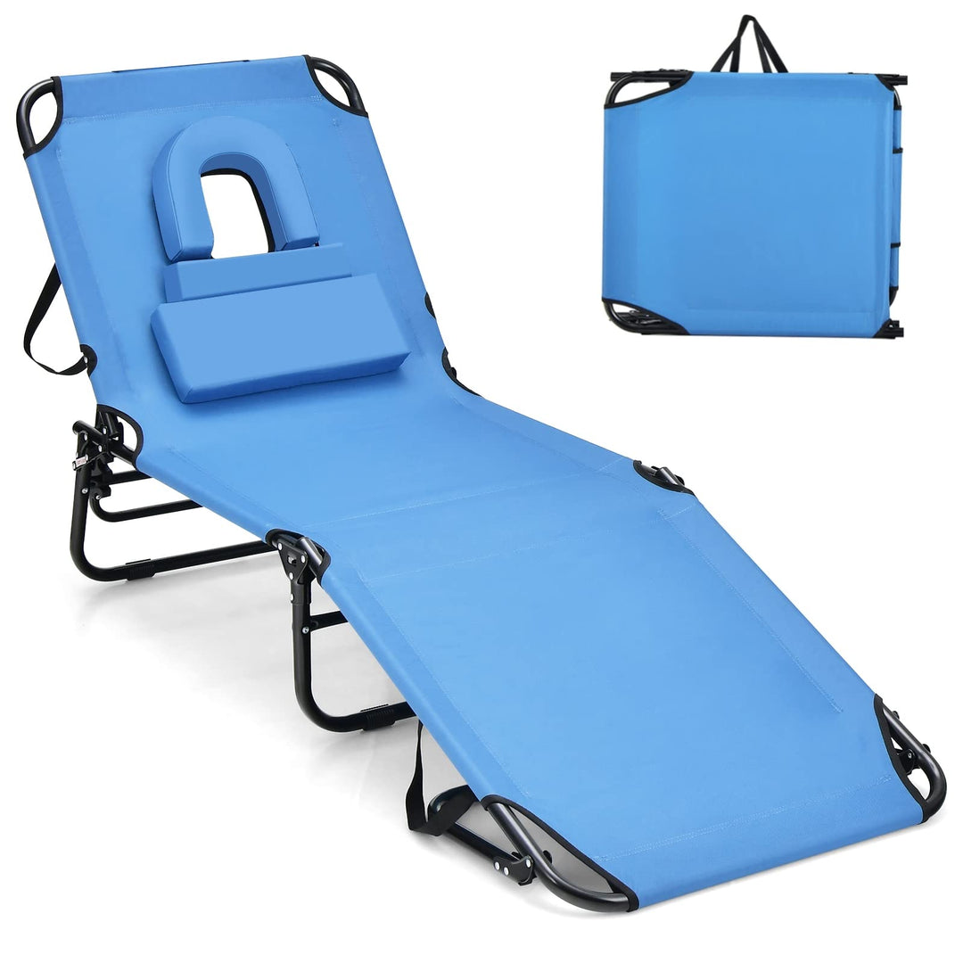 GYMAX Tanning Chair, 350lbs Beach Lounge Chair with Face Hole, Washable Pillow & Carry Strap