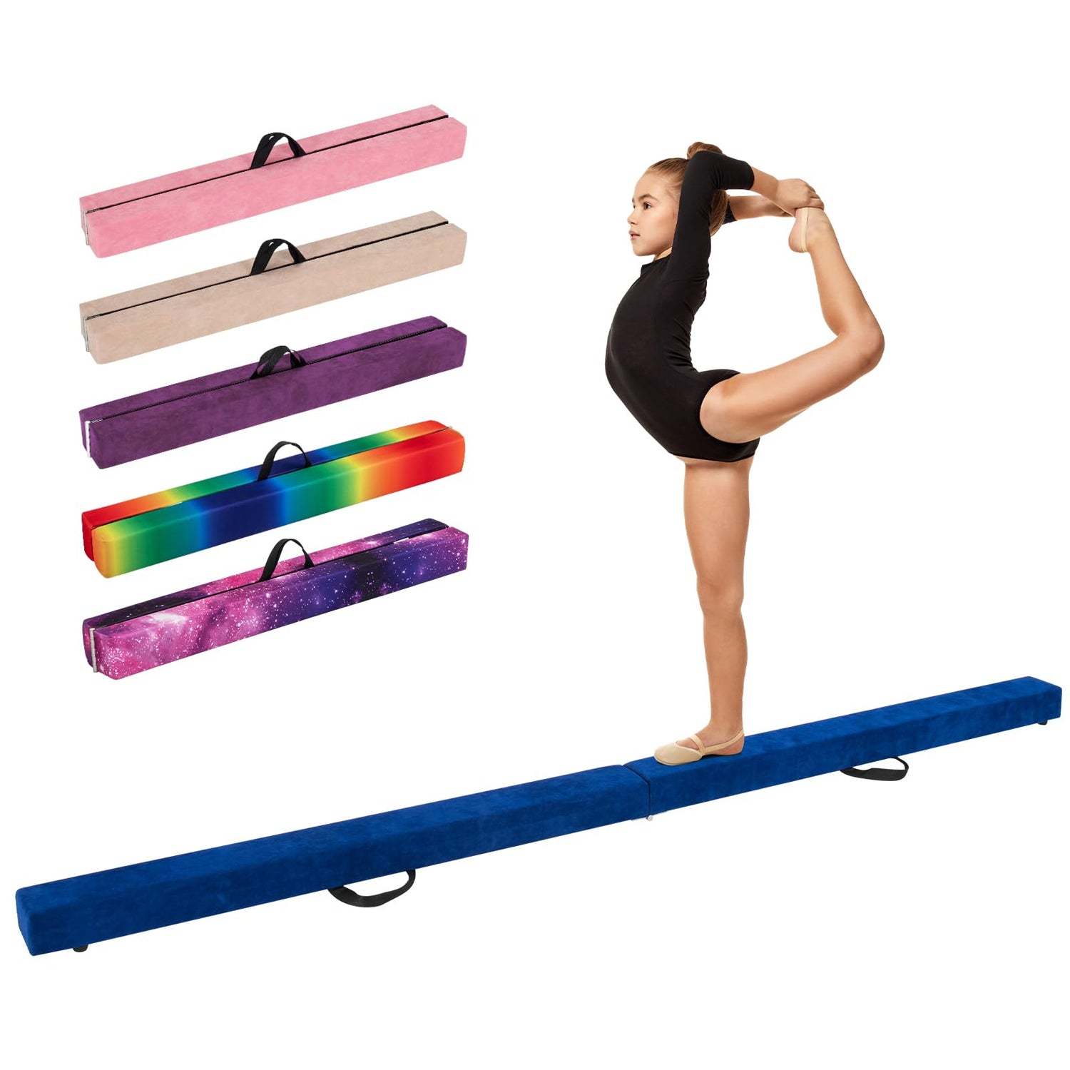 GYMAX 8FT Folding Balance Beam, Foam Gymnastic Beam with Solid Wood Base, Carrying Handle & Anti-Slip Bottom for Kids Teens