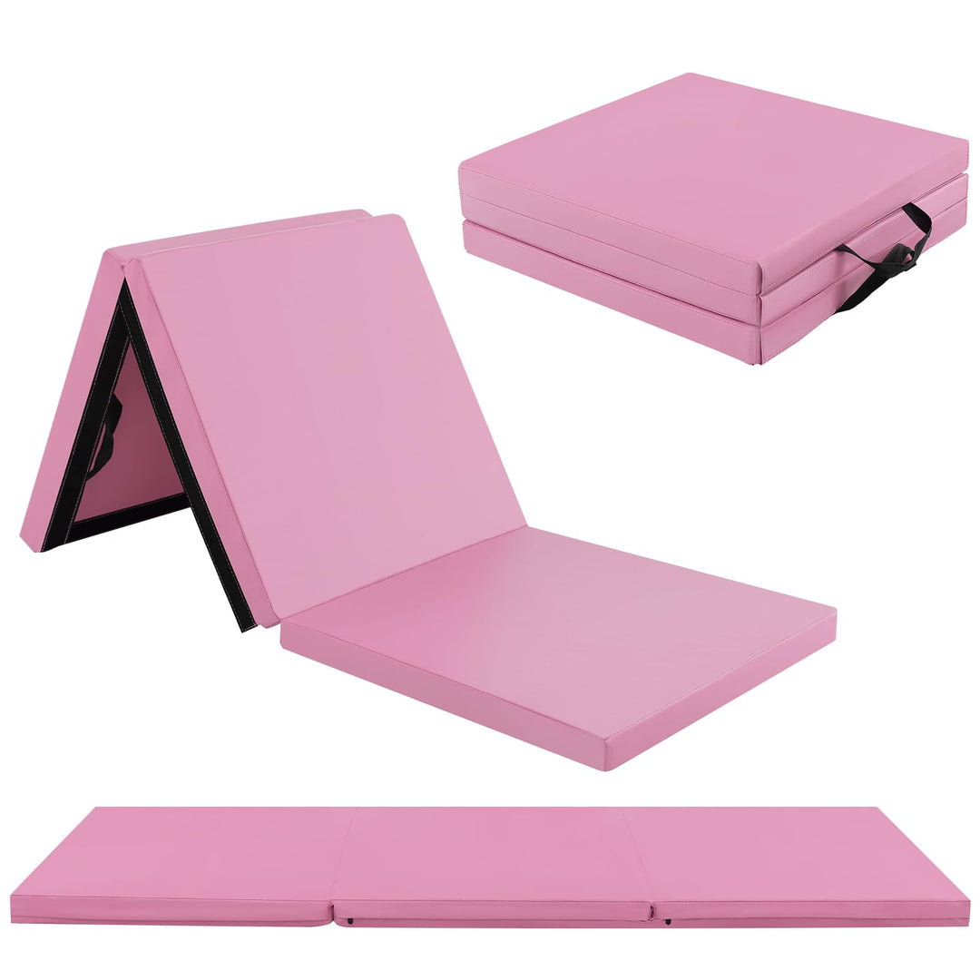 GYMAX Folding Gymnastics Mat, 6 FT x 2 FT x 2 Inches Exercise Mat w/Carrying Handles, Waterproof PU Leather, Hook & Loop Fasteners