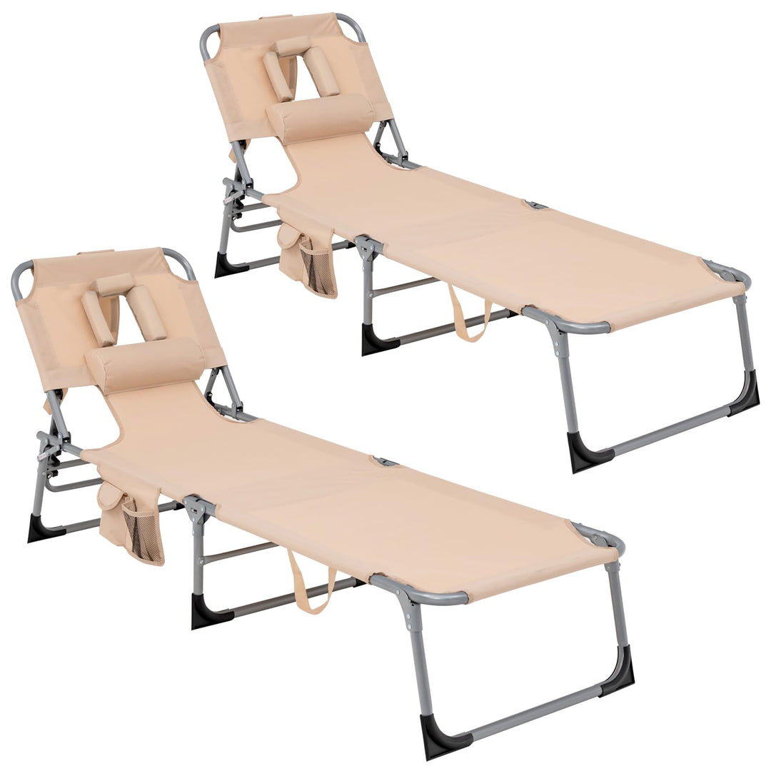 GYMAX Tanning Chair, Folding Beach Lounger with Face Arm Hole, Adjustable Backrest, Side Pocket & Carry Handle