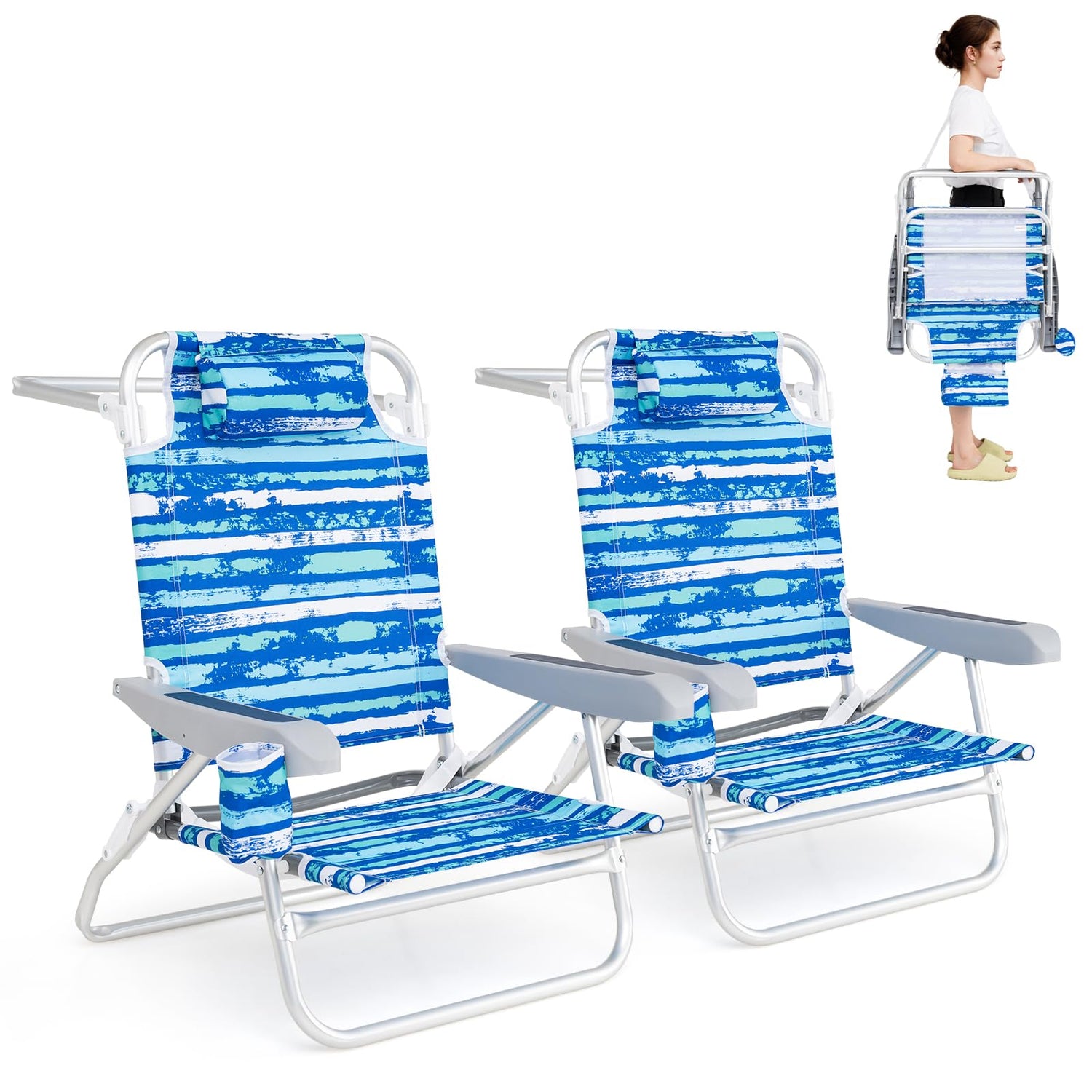 GYMAX 2/4 Pack Folding Beach Chair with Adjustable Positions and Head Pillow