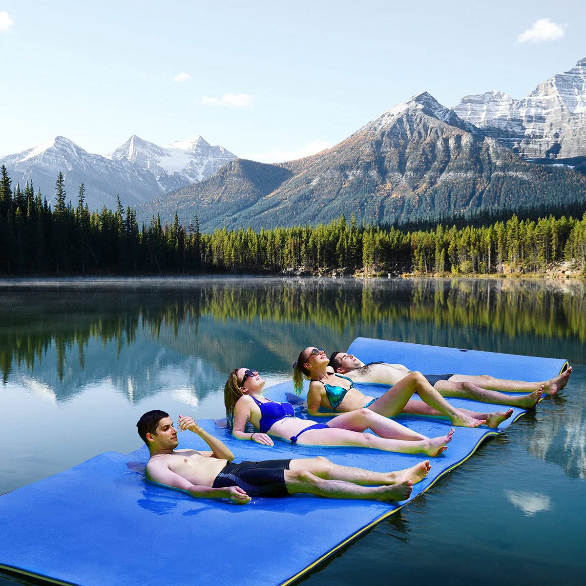 GYMAX Floating Water Mat, 12' x 6' Foam Water Floating Pad with Safe Bungee Tether and Storage Straps