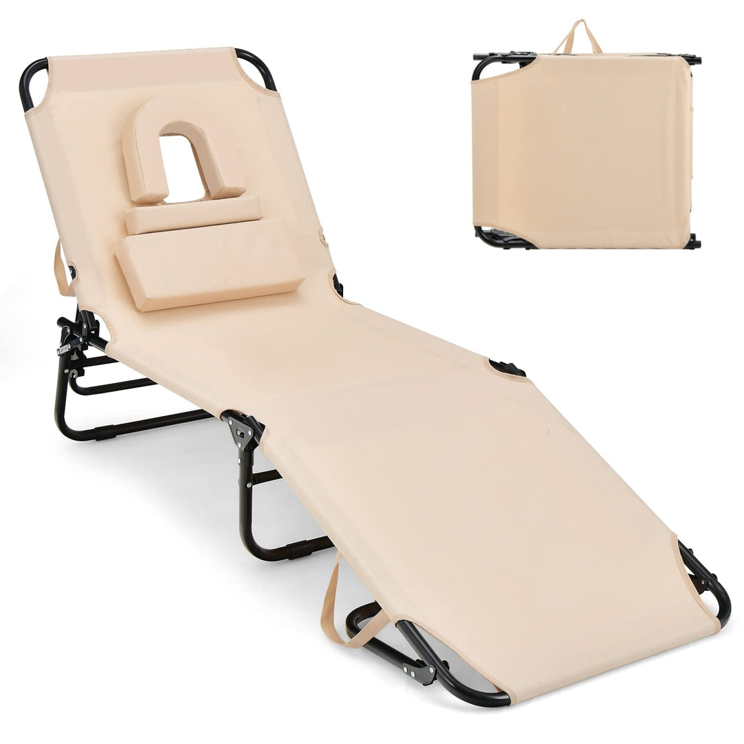 GYMAX Tanning Chair, 350lbs Beach Lounge Chair with Face Hole, Washable Pillow & Carry Strap