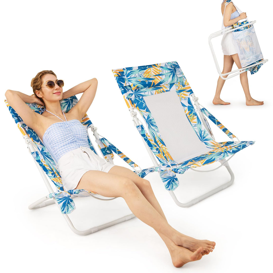 GYMAX Folding Low Beach Chair Set of 2/4 Patio Sling Chairs with Padded Head Pillow