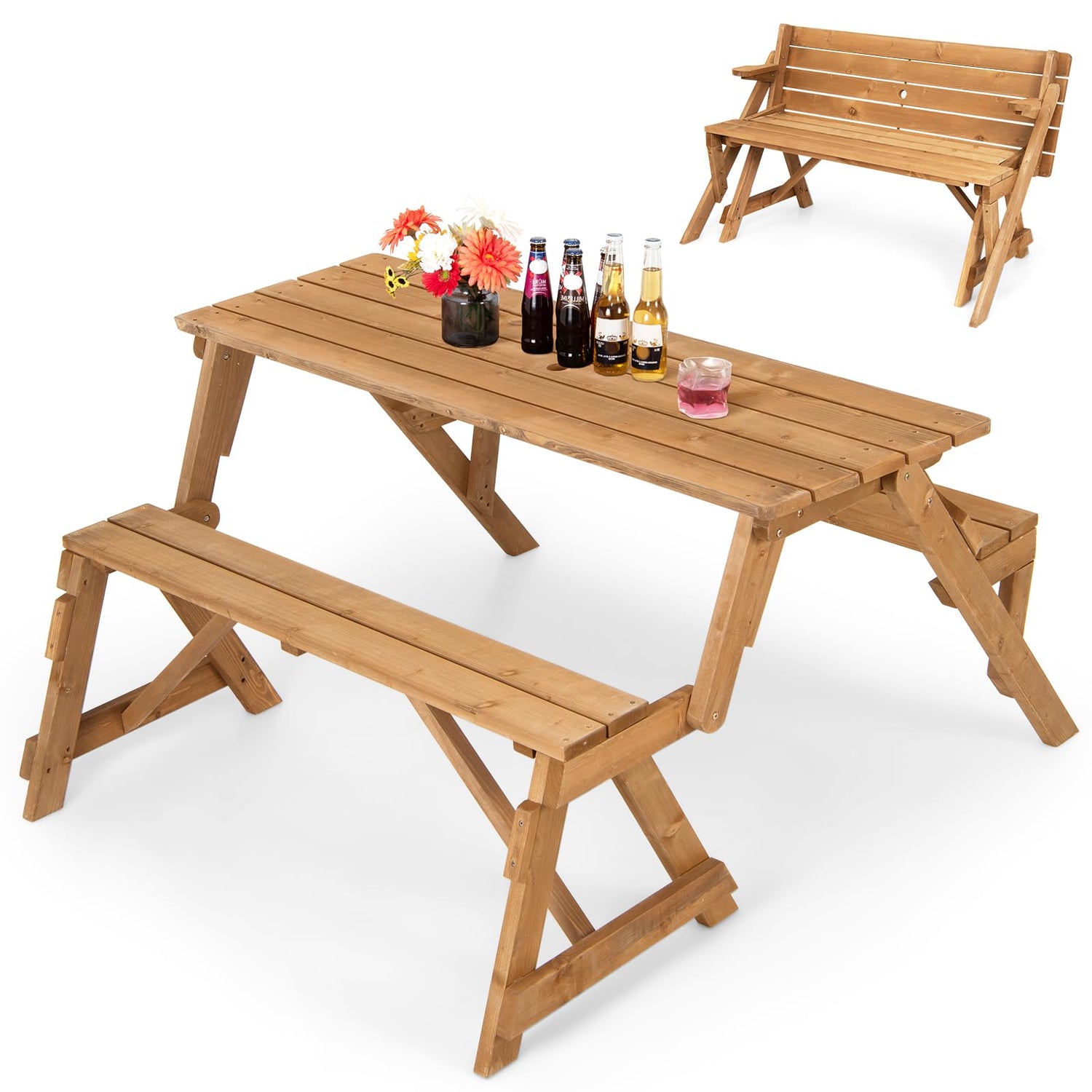 GYMAX Picnic Table, 2 in 1 Convertible Picnic Bench Table Set, Transforming Interchangeable Wooden Picnic Table with Umbrella Hole