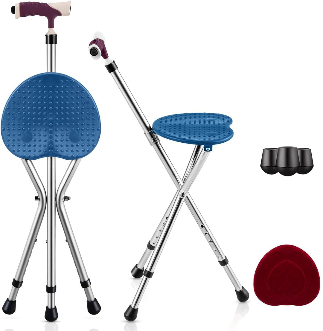 GYMAX Walking Stick Chair Combo, Folding Cane Seat with LED Light, Massage Seat Board & Ergonomic Handle