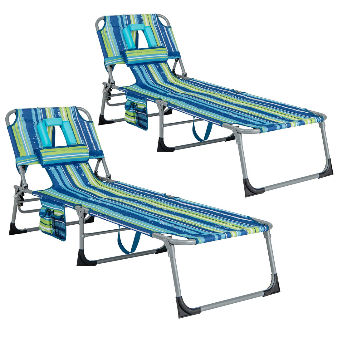 GYMAX Tanning Chair, Folding Beach Lounger with Face Arm Hole, Adjustable Backrest, Side Pocket & Carry Handle