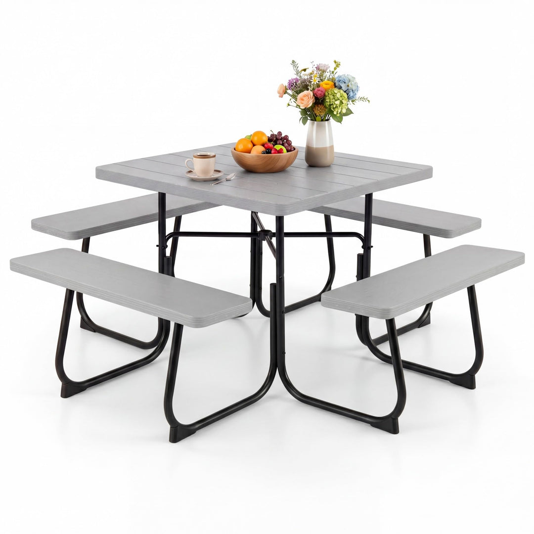 GYMAX Picnic Table Bench with Umbrella Hole 8 Person Square Outdoor Picnic Table