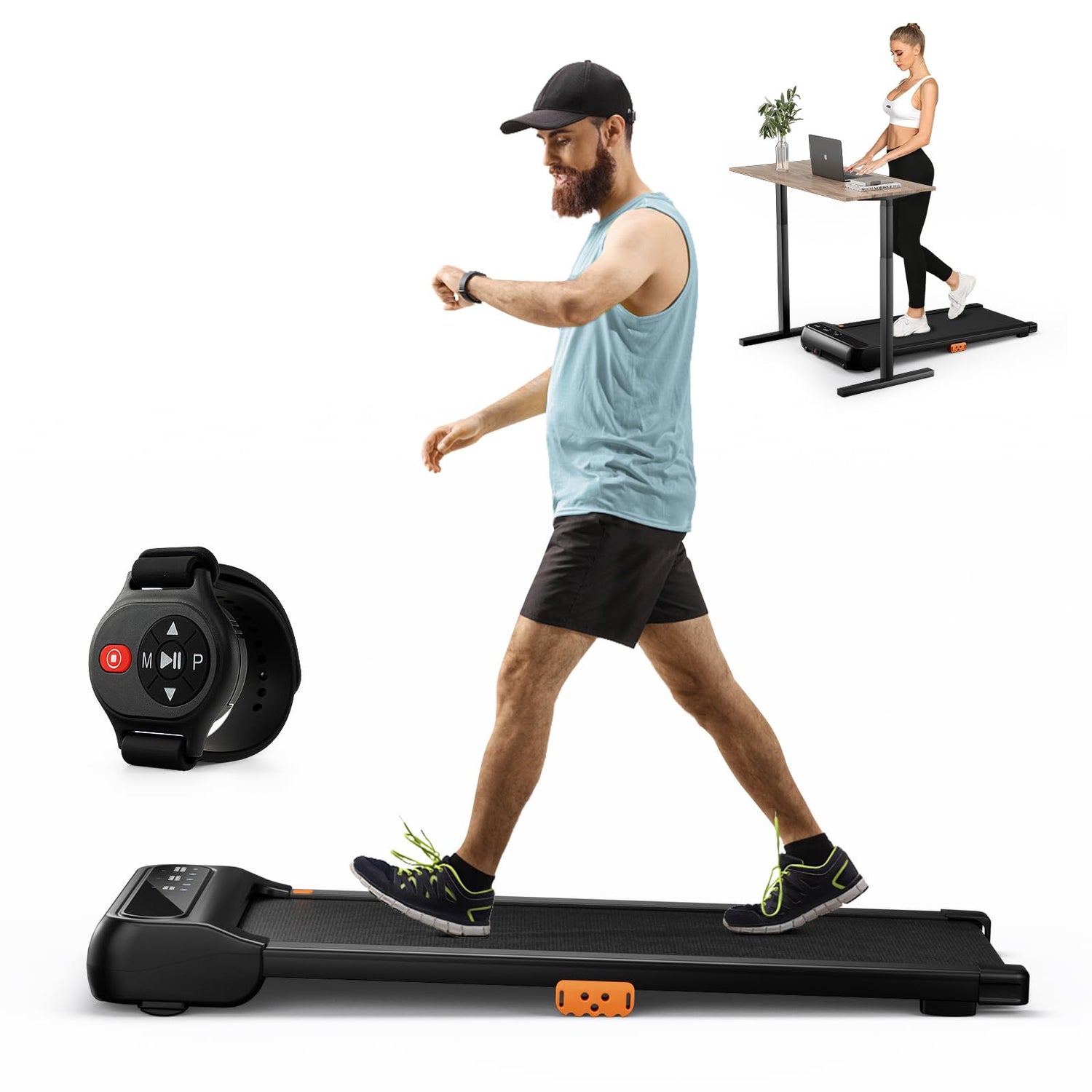 GYMAX Walking Pad, 2 in 1 Under Desk Treadmill for Home with Watch Remote Control, LED Display