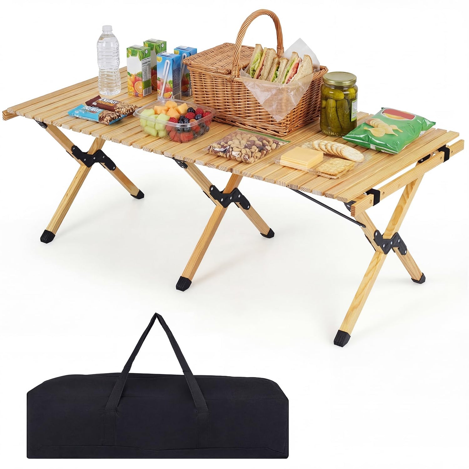 GYMAX 48 Inch Roll-Up Pine Wood Picnic Table with Carry Bag