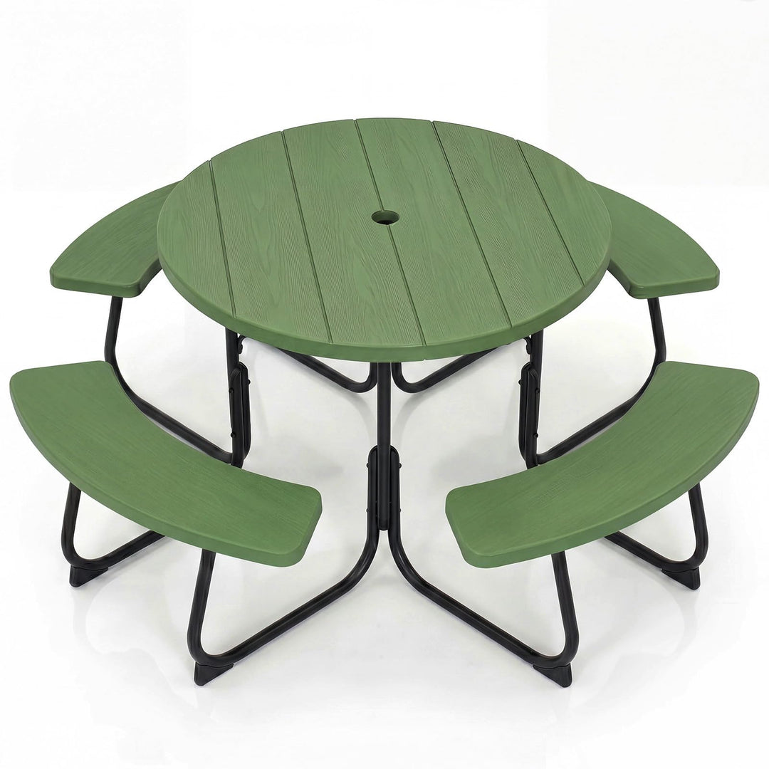 GYMAX Picnic Table Bench with Umbrella Hole 8 Person Round Outdoor Picnic Table