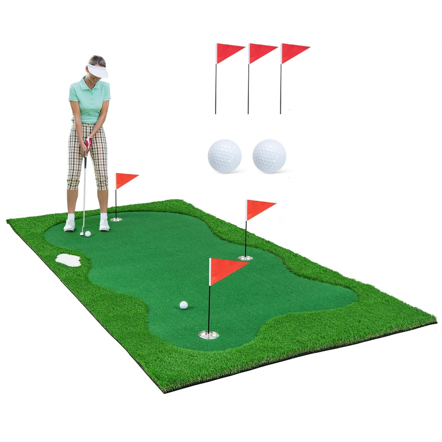 GYMAX Putting Green Indoor, Professional Practice Putting Green Mat, Includes 2 Golf Balls, 3 Golf Cups