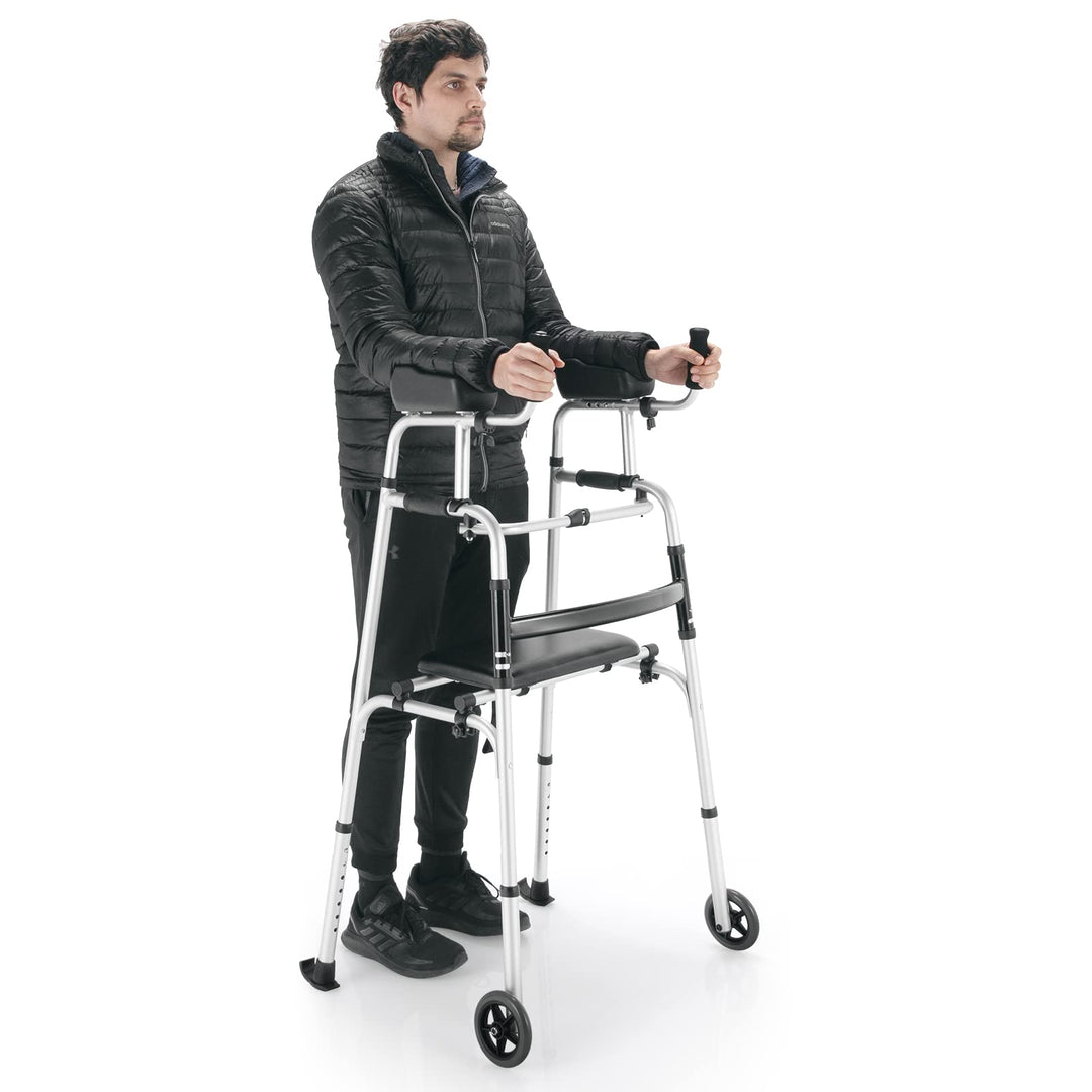 GYMAX Folding Walker, Adjustable Standard Walker with Removable Armrest, Seat, Wheeled Rolling Rehabilitation Auxiliary Walking Aid for Senior