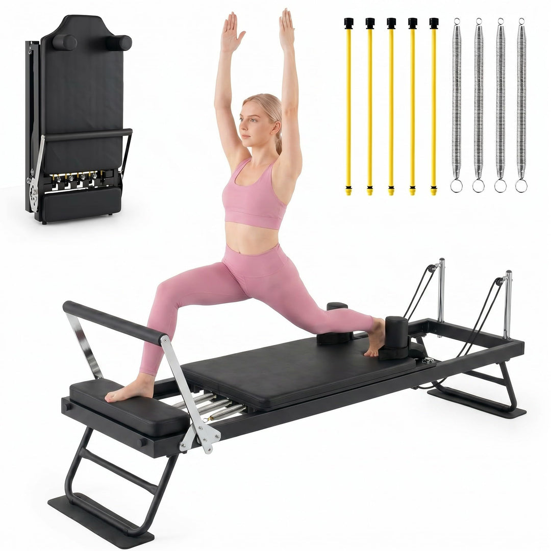GYMAX Pilates Reformer | 660LBS Dual Resistance Systems Pilates Equipment Foldable Reformer Pilates Machine with 4 Springs