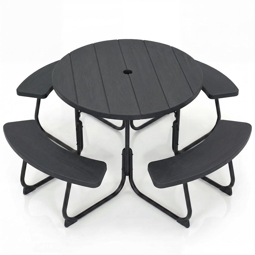 GYMAX Picnic Table Bench with Umbrella Hole 8 Person Round Outdoor Picnic Table