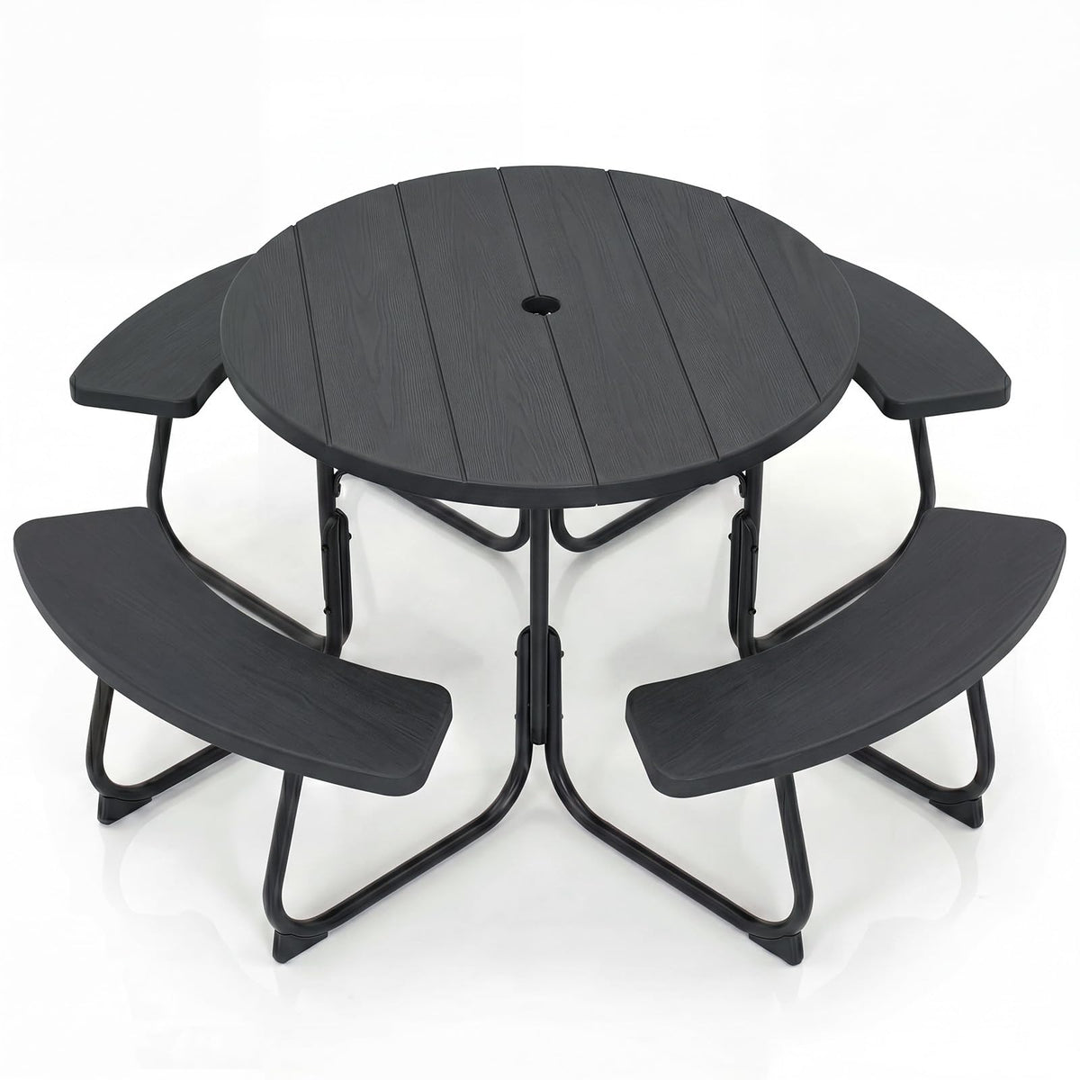 GYMAX Picnic Table Bench with Umbrella Hole 8 Person Round Outdoor Picnic Table