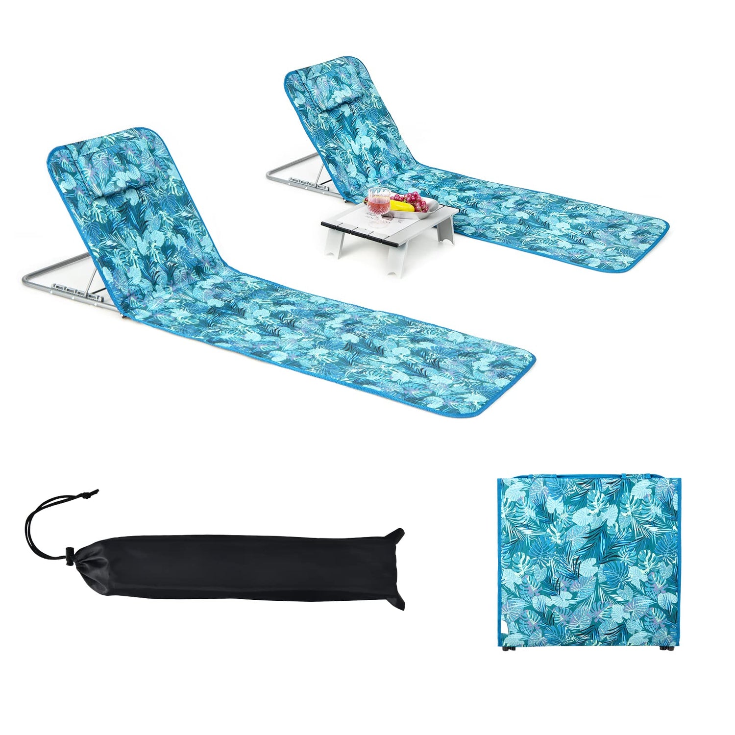 GYMAX Beach Chairs, Folding Tanning Lounge Chairs with Table Set, Adjustable Patio Floor Chair, Outdoor Sunbath Chair with Desk