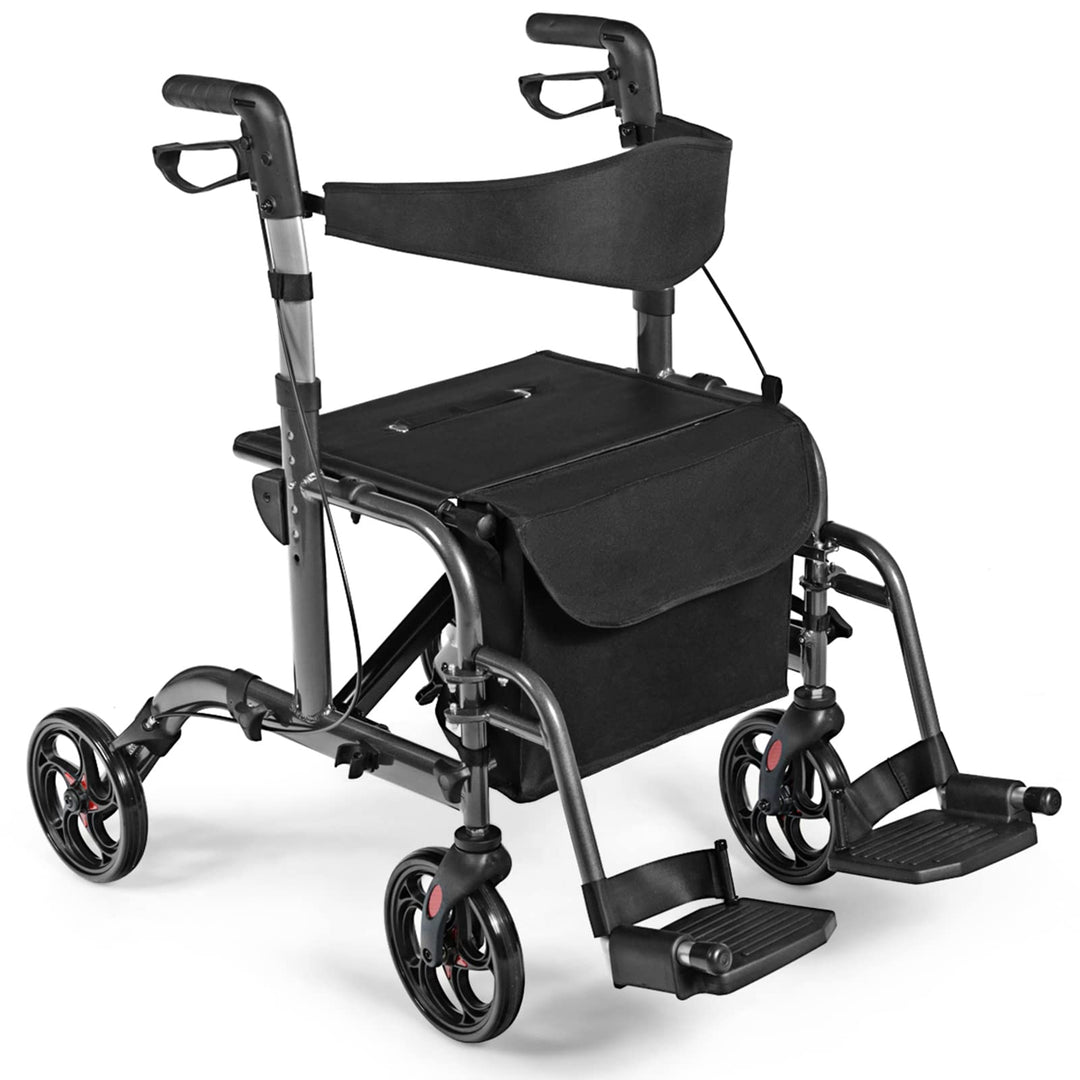 GYMAX 2 in 1 Foldable Rollator Walker, Height Adjustable 4 Wheel Transport Chair with Reversible Backrest