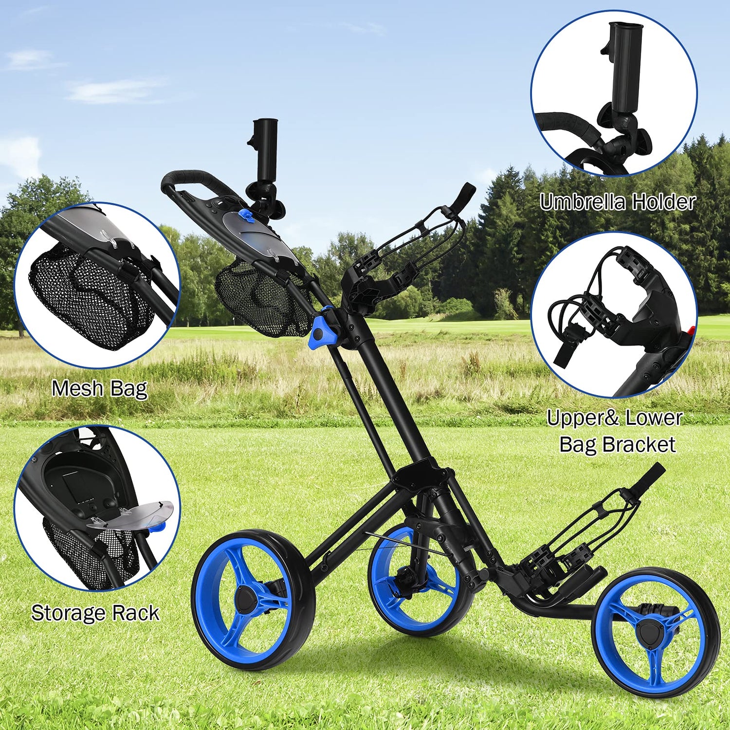 GYMAX Folding Push Cart, 3 Wheel Height Adjustable Lightweight Trolley W/Umbrella Holder & Mesh Bag