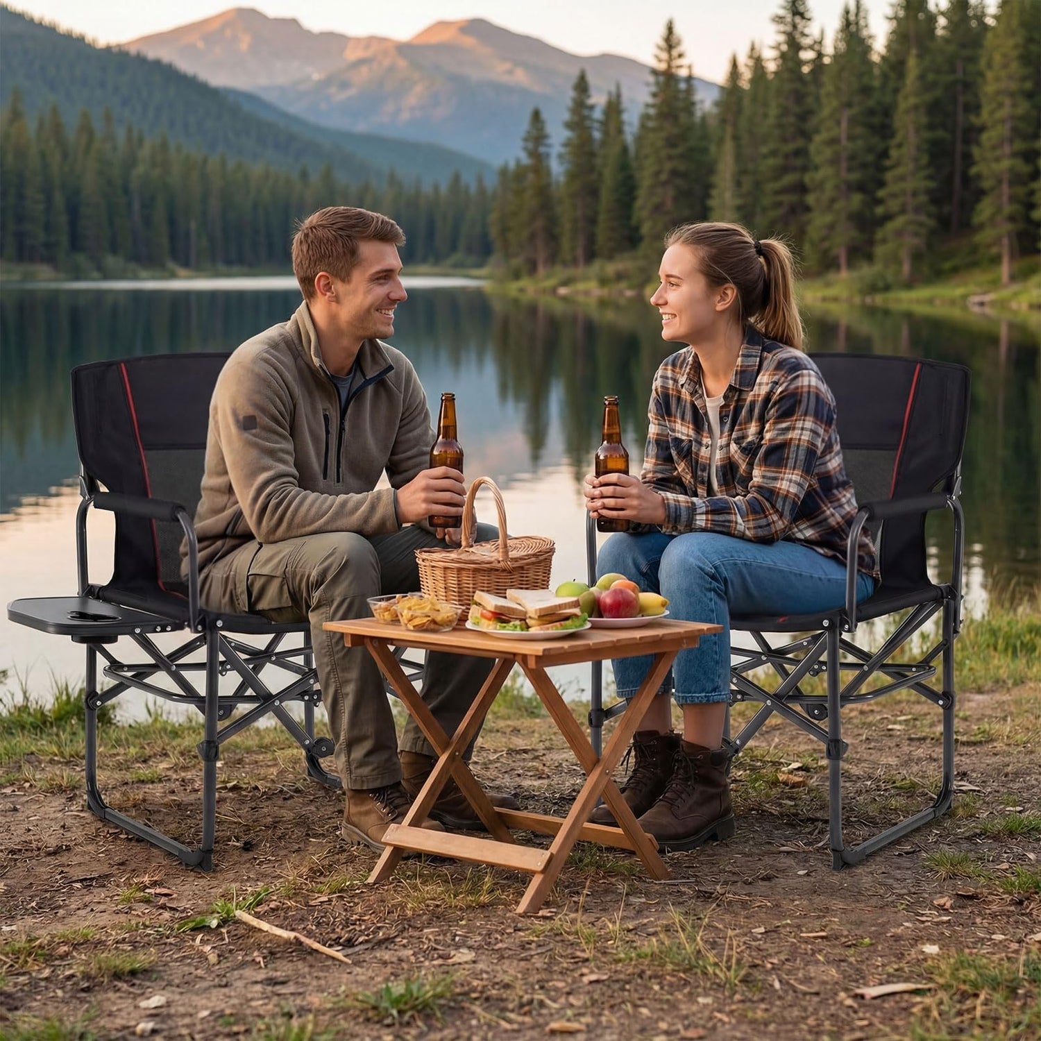 GYMAX Oversized Portable Folding Camping Chairs for Adults with Table