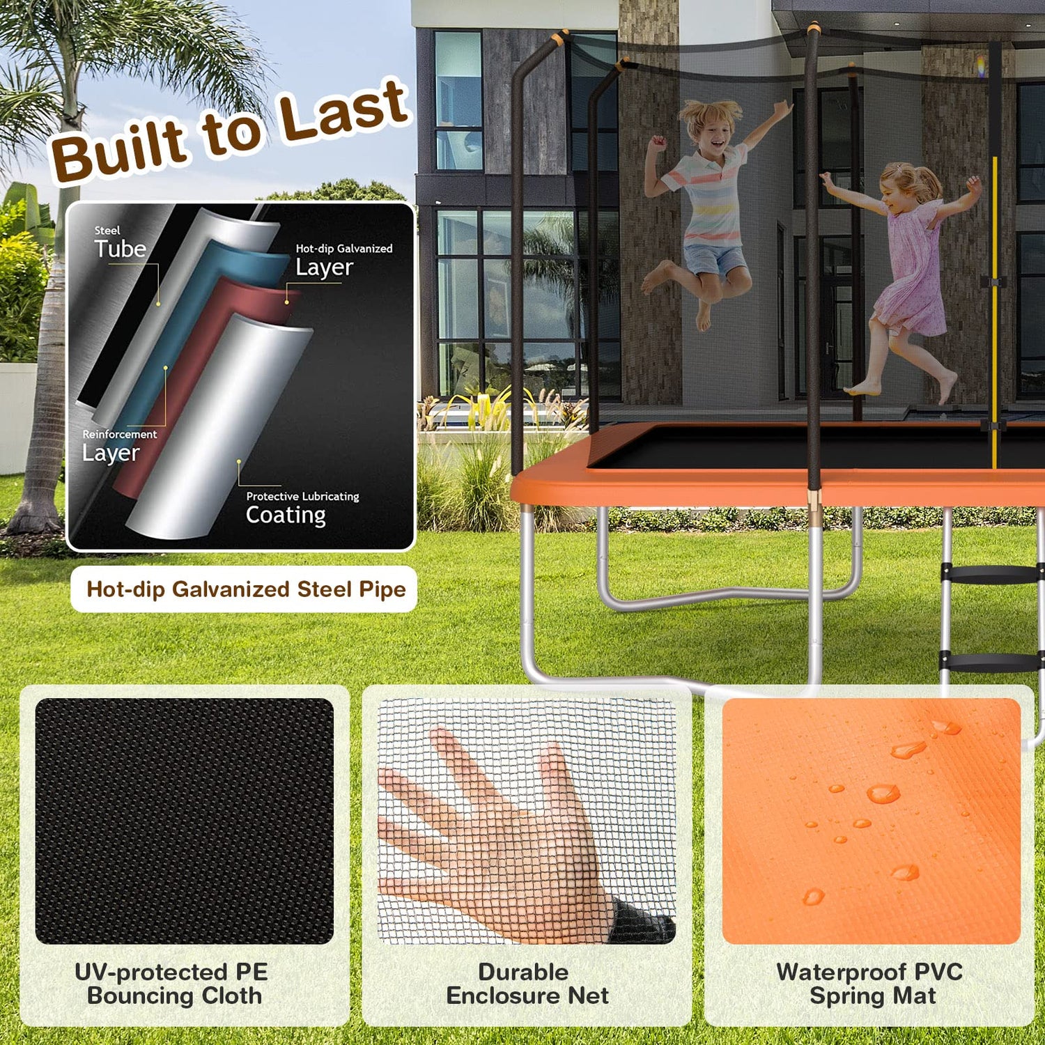 GYMAX Trampoline for Kids, ASTM Approved 14FT Rectangular Trampoline with Enclosure Net & Non-Slip Ladder