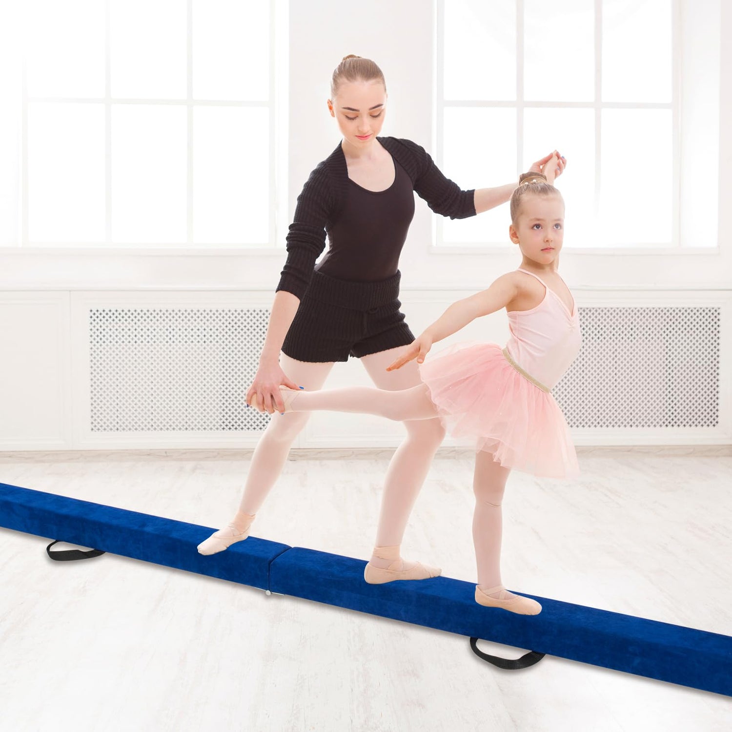 GYMAX 8FT Folding Balance Beam, Foam Gymnastic Beam with Solid Wood Base, Carrying Handle & Anti-Slip Bottom for Kids Teens