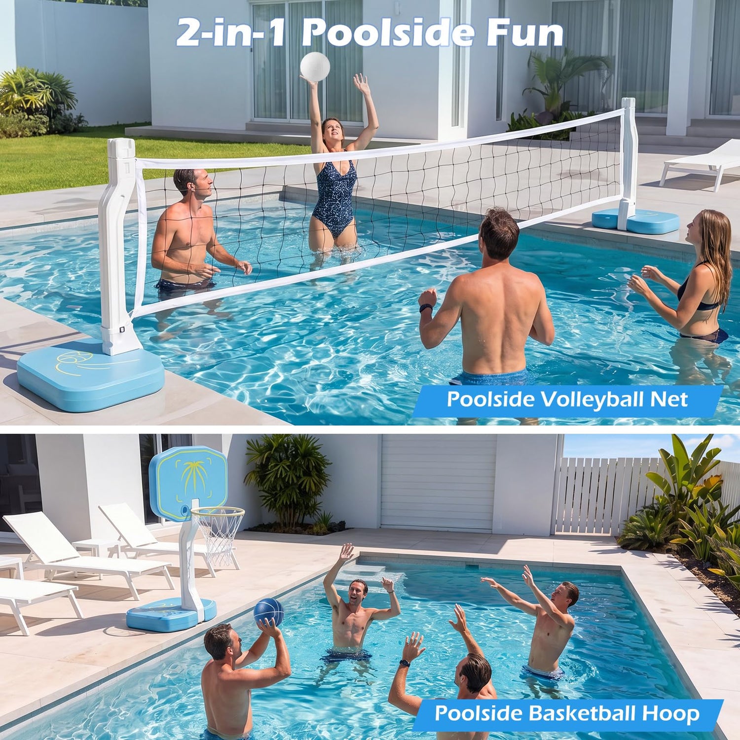 GYMAX Pool Basketball Hoop & Pool Volleyball Net 2-in-1 Pool Volleyball Combo Set