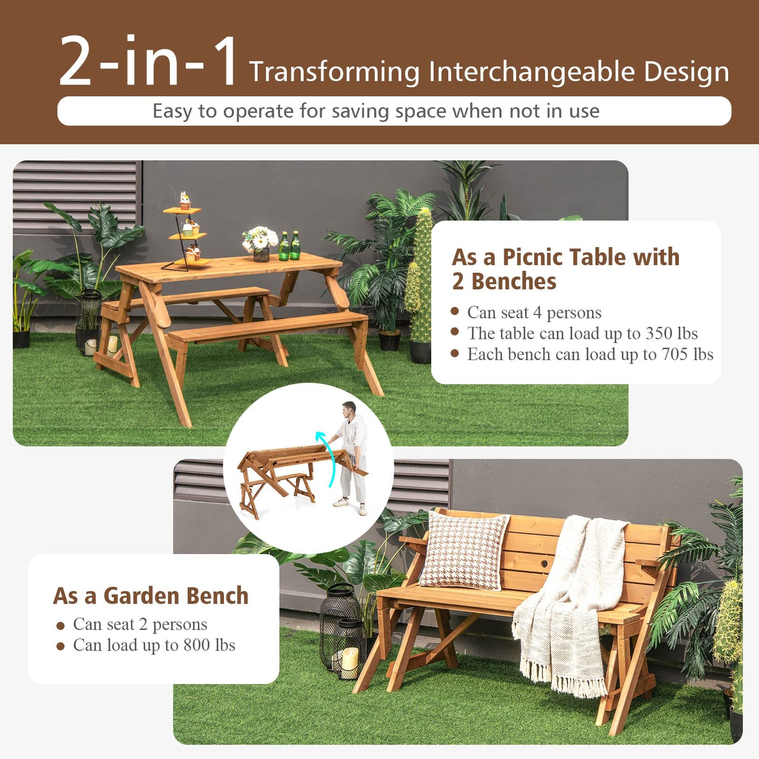 GYMAX Picnic Table, 2 in 1 Convertible Picnic Bench Table Set, Transforming Interchangeable Wooden Picnic Table with Umbrella Hole